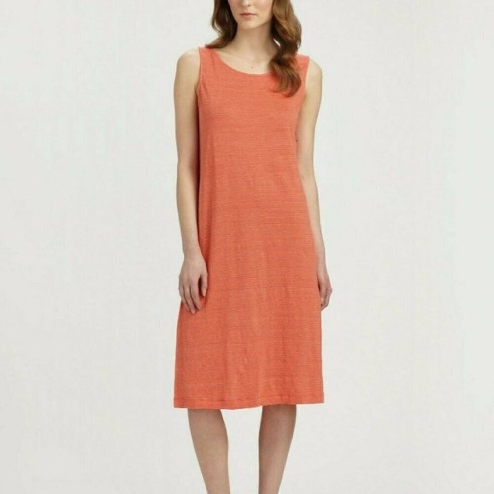 Eileen Fisher 100% Linen Orange Pinstripe Sleeveless Tunic Shift Dress - Small